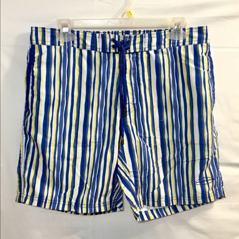 NWOT Beach Bros. Blue White & Yellow Striped Swim Trunks